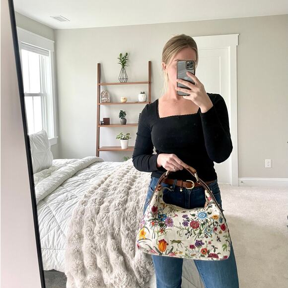 Gucci Horsebit Hobo Multicolor Flora Floral Cloth Leather Shoulder Bag Purse - Picture 3 of 17